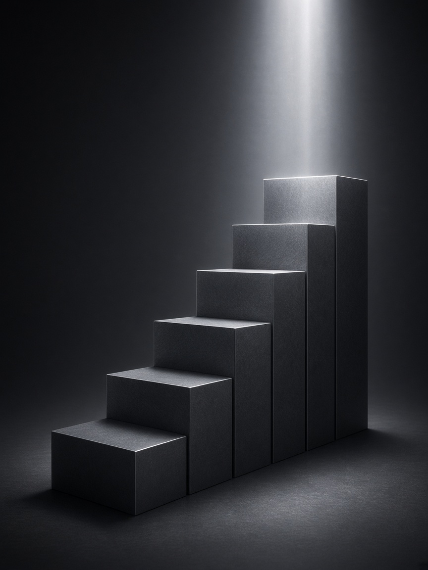 Ascending polished pillars with light beam symbolising structured delivery