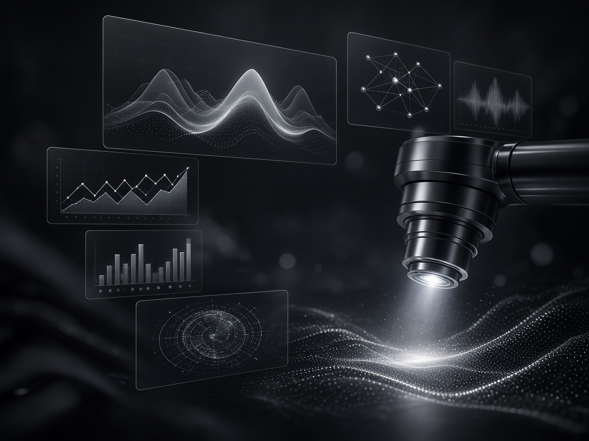 Futuristic research lab scanning digital terrain with holographic analytics panels