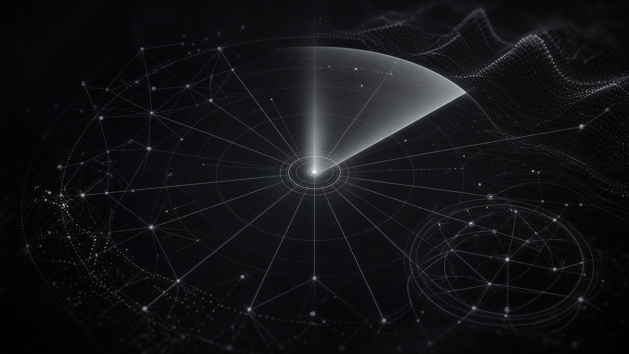 Circular radar interface with sweeping scan beam and interconnected data nodes
