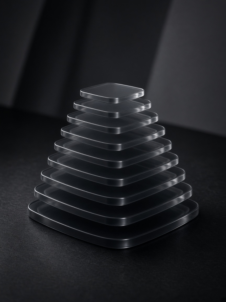 Layered translucent glass stack representing progressive marketing infrastructure