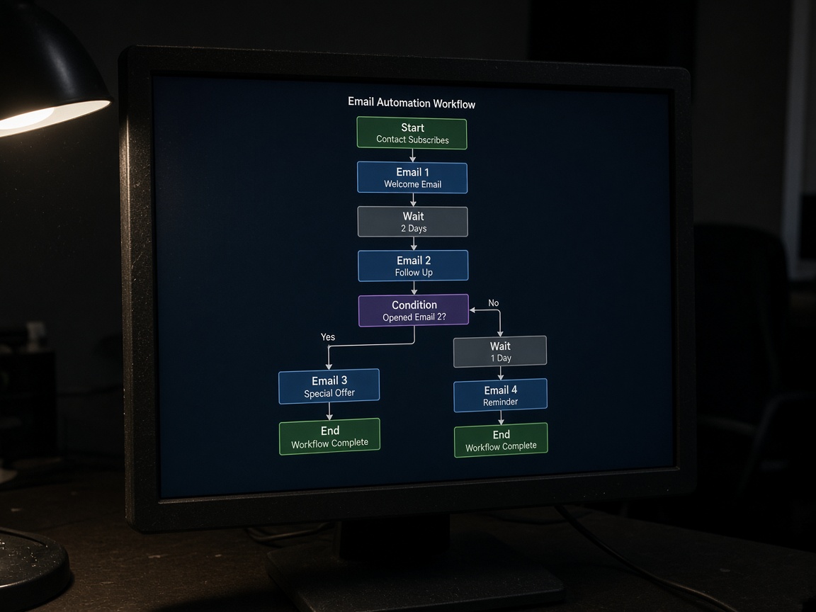 Monitor showing email automation workflow on desk
