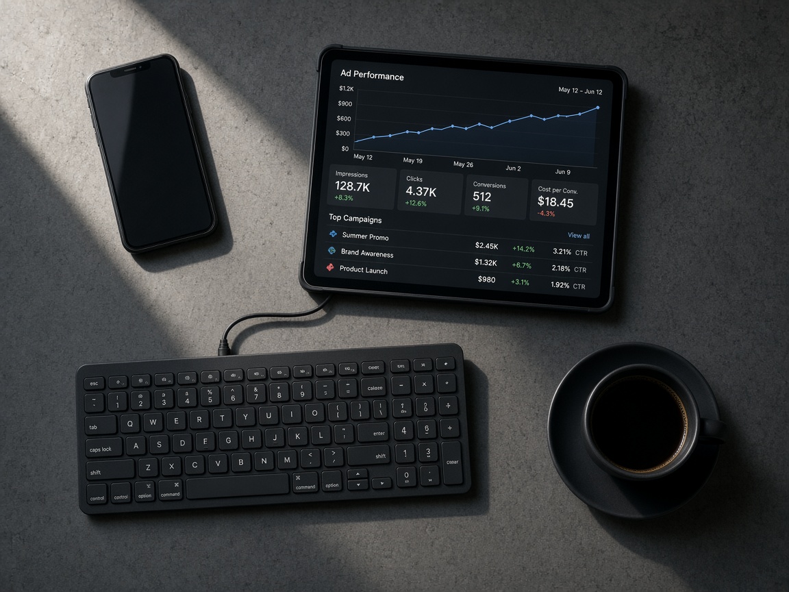 Marketing desk with phone and tablet showing ad campaign metrics