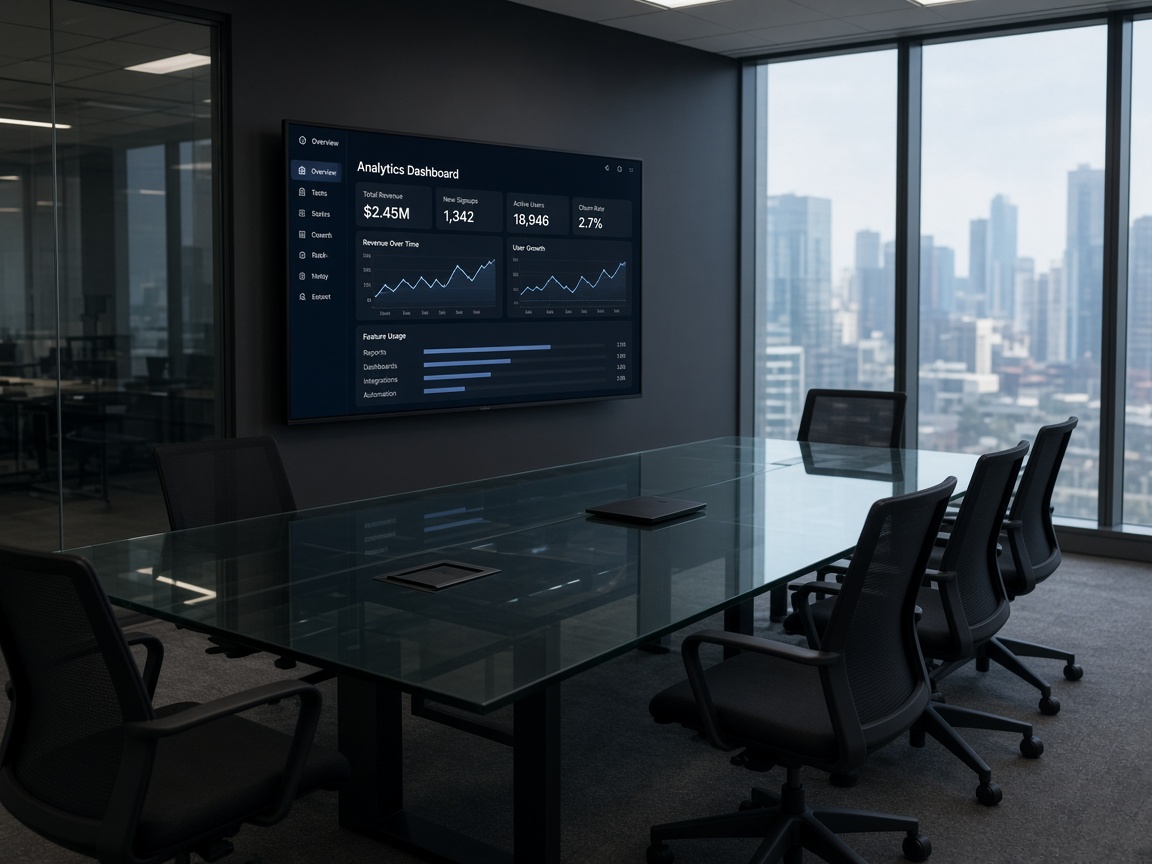 Empty meeting room with product analytics dashboard on screen
