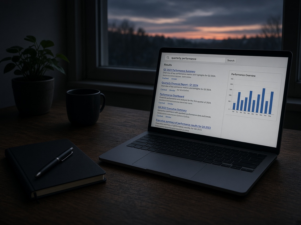 Empty desk with laptop showing search results and analytics