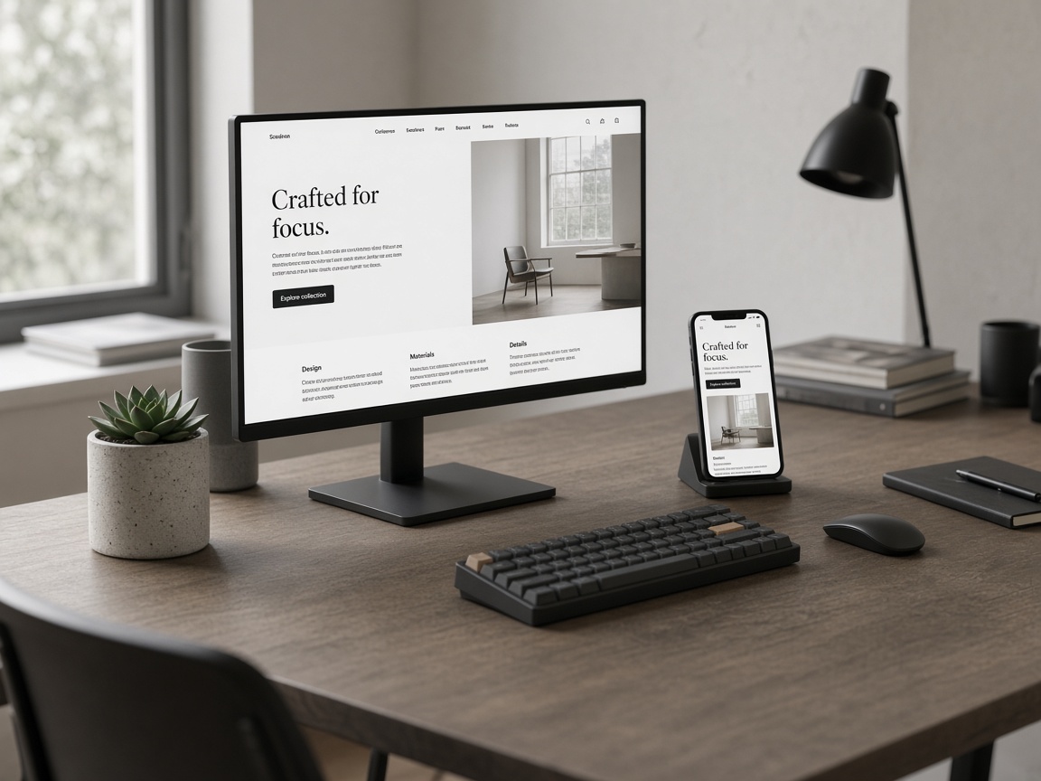 Empty designer desk with monitor and phone showing website layout